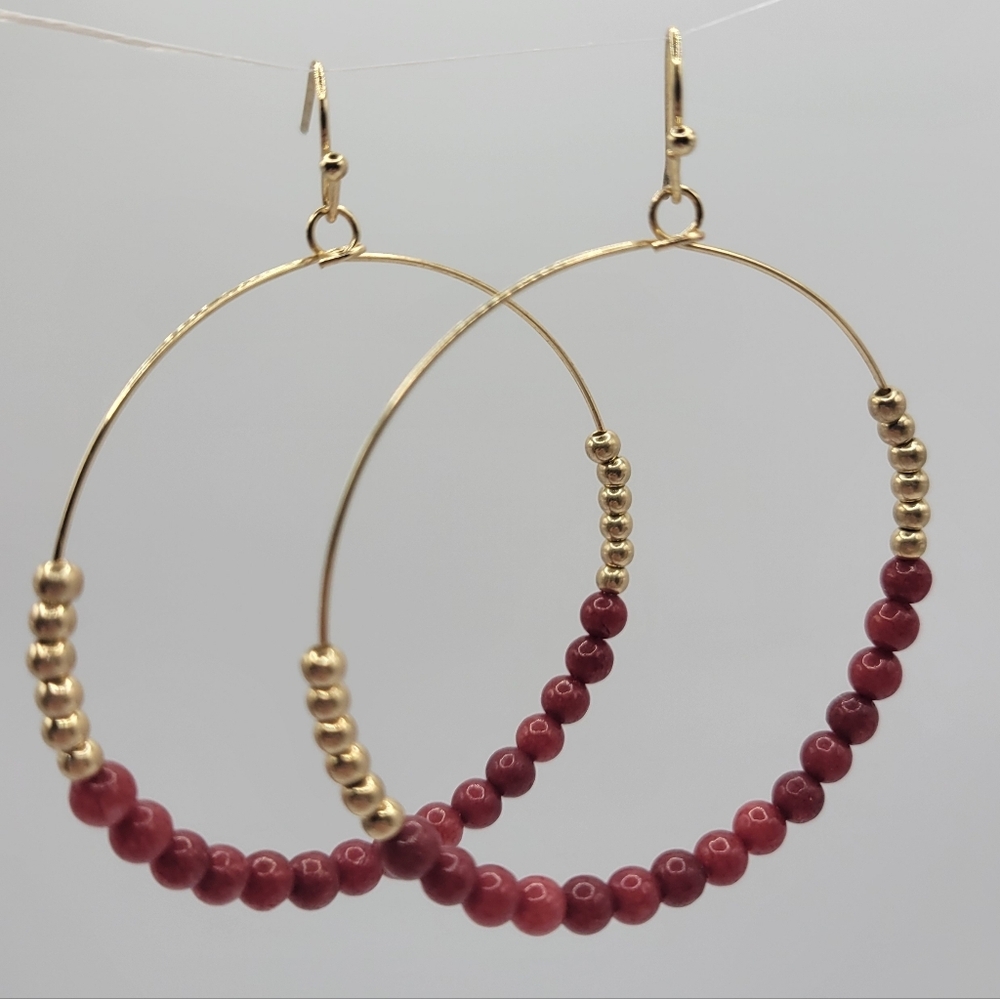 New Beaded Circle Hoop Earrings 1.75" Red Fuchsia Natural Stone Gold Plated